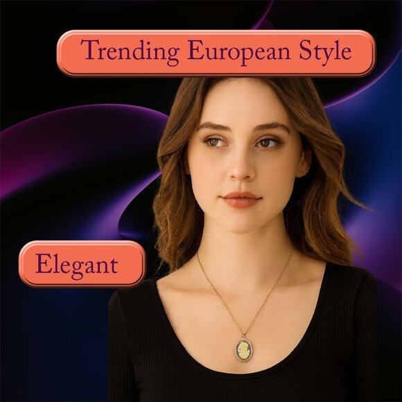 Gold-Plated Victorian Cameo Necklace Vintage Amber Pendant Bead Chain Gift Box - Picture 4 of 7